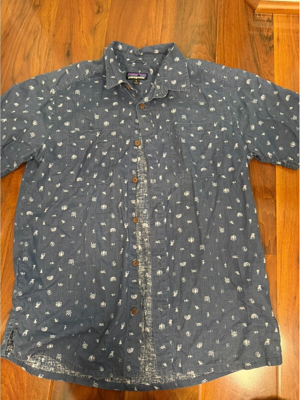 Patagonia Shirt Medium Back Step Navy Blue 53139 Hemp Organic Cotton ShortSleeve
